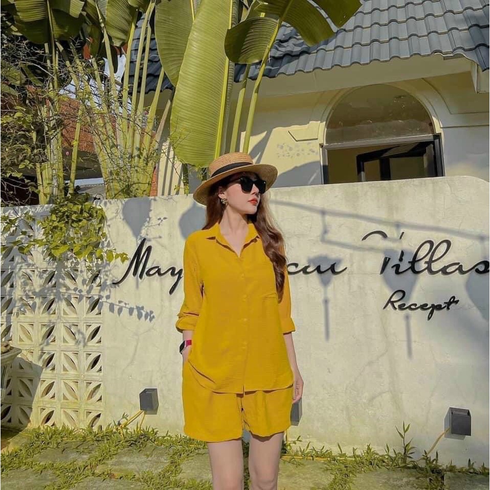 [8.8 Sales Freeship] Set bộ sơ mi đùi đũi trơn màu, set đùi tay lỡ gài nút + quần sooc, bộ đùi đi chơi, đi biển xinh