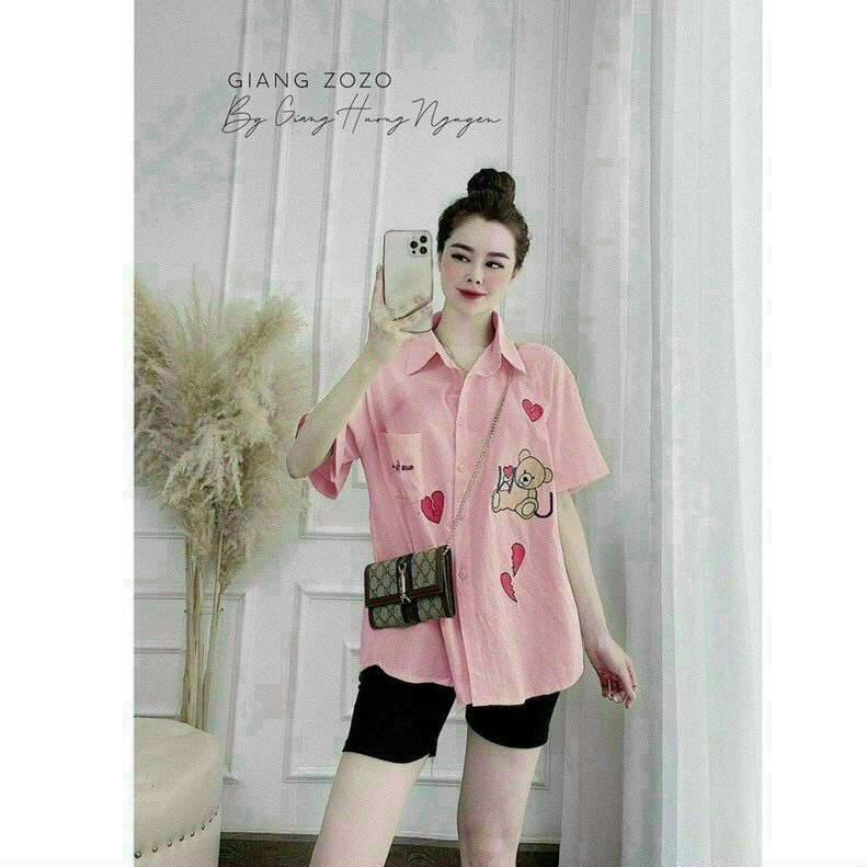 Set áo sơ mi from rộng in hình gấu phối quần legging,set bộ sơ mi tay lỡ thêu gấu tim quần thun ngố đi chơi mặc nhà cute