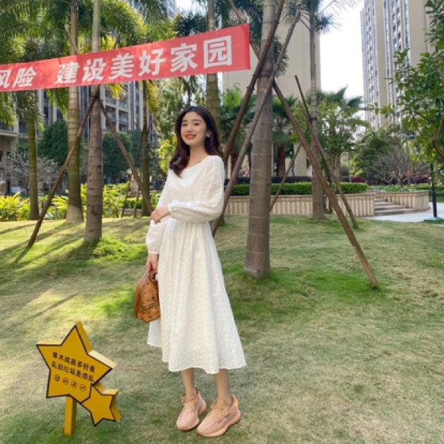 Váy thô trắng hoa nhí nơ hông MS2433