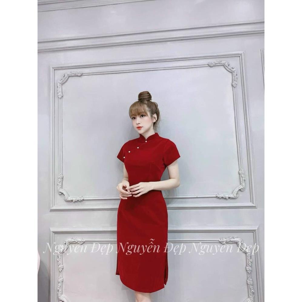 T72 Ảnh thật Đầm body cổ tàu xẻ tà đính ngọc sườn xám áo dài cách tân mặc xuân Tết
