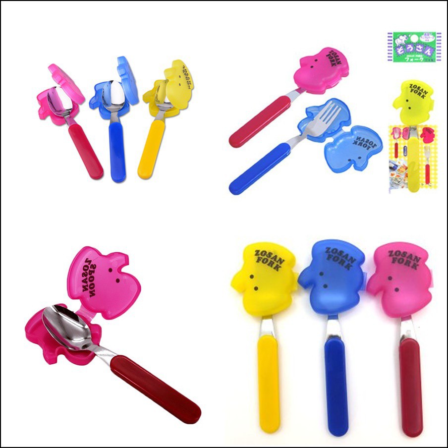 Thìa, dĩa inox cao cấp cho bé kèm hộp đựng hình thú Made in Japan