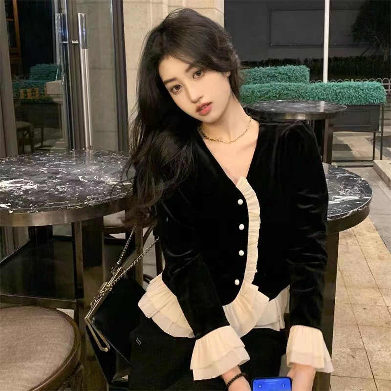 Áo Nhung Tay Dài Cổ Chữ v Dáng Ôm Thời Trang retro Xinh Xắn Cho Nữ