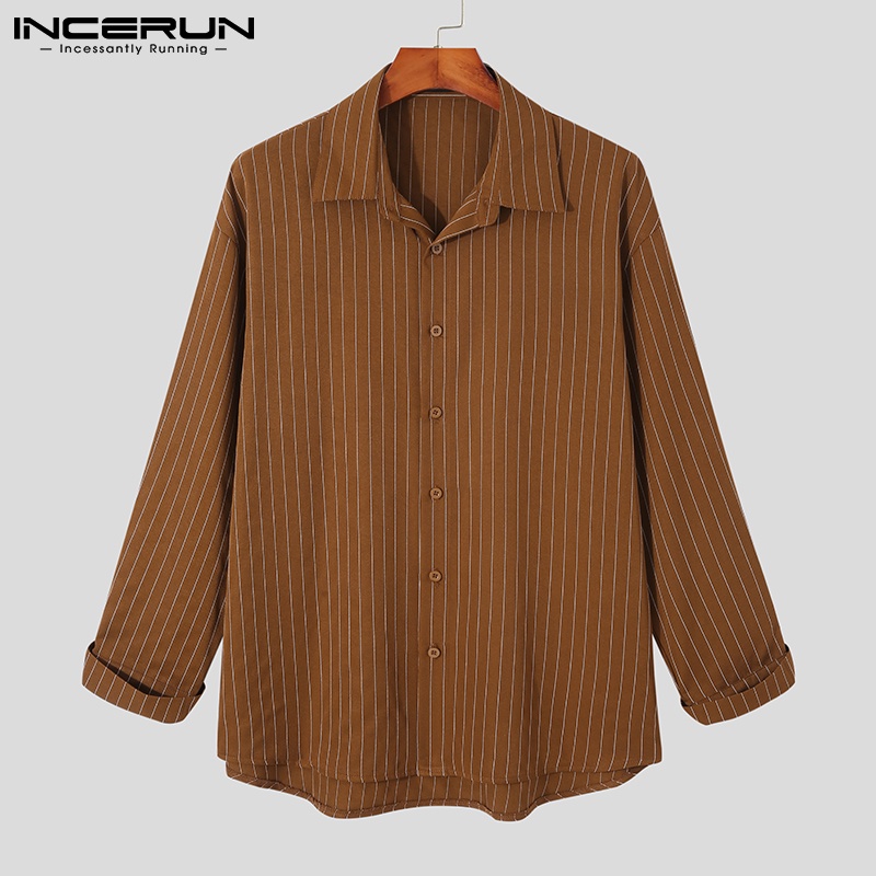 Áo sơ mi Incerun tay dài họa tiết kẻ sọc phong cách Hàn Quốc thời trang thích hợp cho nam