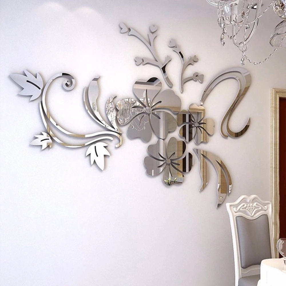 Miếng dán tường acrylic hình bông hoa lớn 3d tráng gương màu bạc đẹp mắt trang trí nội thất nhà cửa