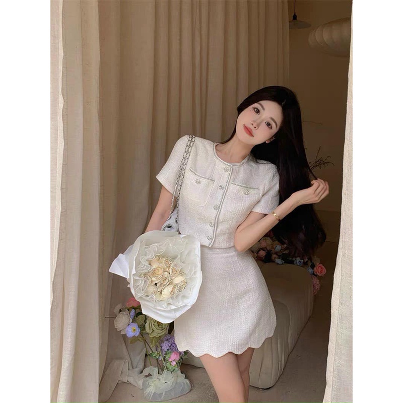 🖤🖤🖤 SET CROPTOP VIỀN NÚT + CHÂN VÁY DẠ GỢN SÓNG