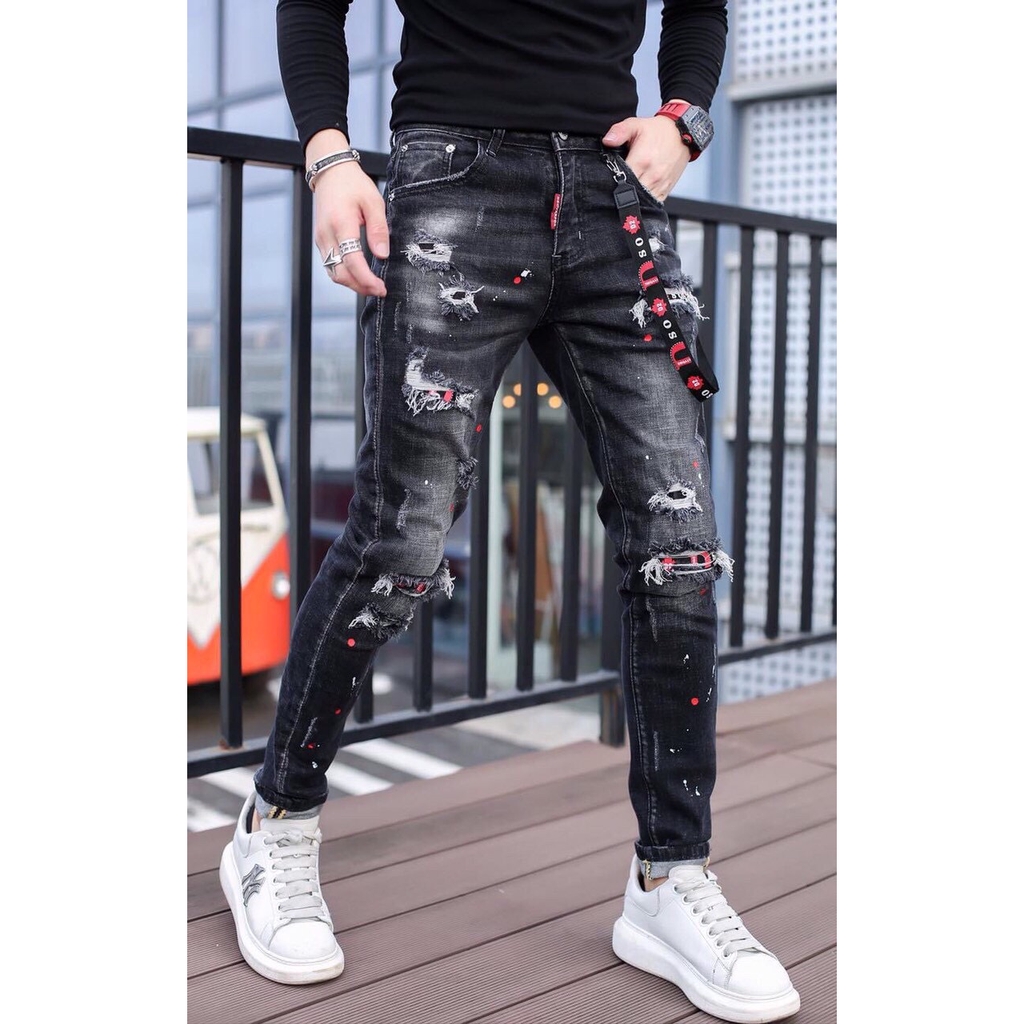 Quần jean vảy sơn rách bụi skinny dáng ôm nhẹ ống côn body quần jean nam co giãn 34