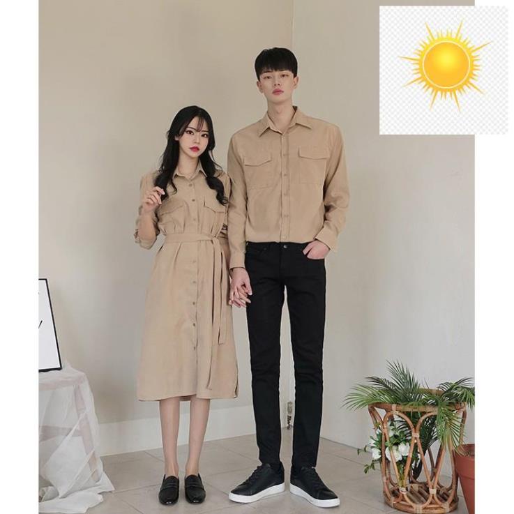 🕵️🕵️ Áo Váy đôi ❤️FREESHIP❤️ Đồ đôi váy áo sơ mi nam nữ màu nude thắt eo dễ thương chụp ảnh đi biển AV130 🕵️