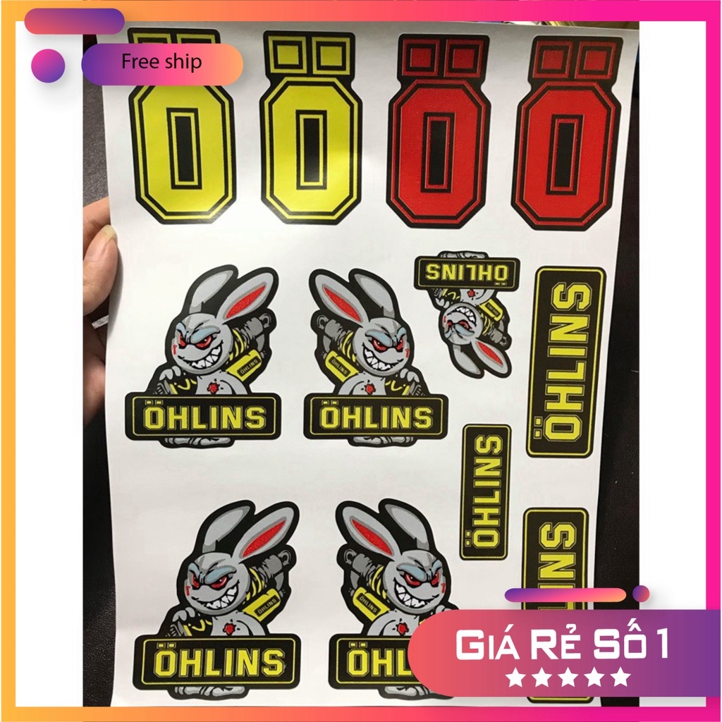 Trọn bộ tờ tem dán trang trí xe máy mẫu OHLIN, tem hoạt hình thỏ OHLIN siêu chất