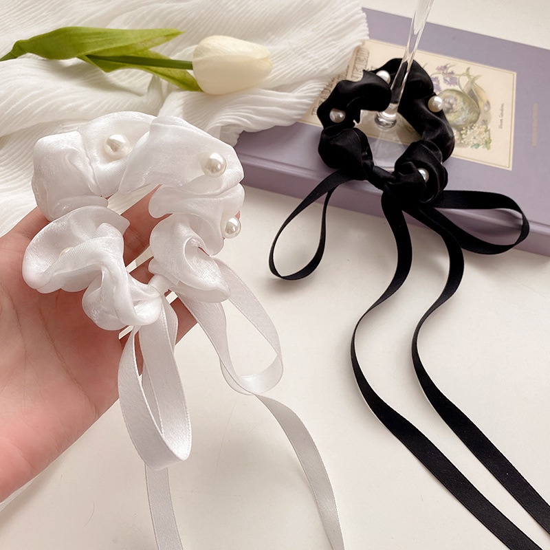 Dây buộc tóc co giãn thắt nơ đính ngọc trai phong cách Hàn Quốc cho nữ