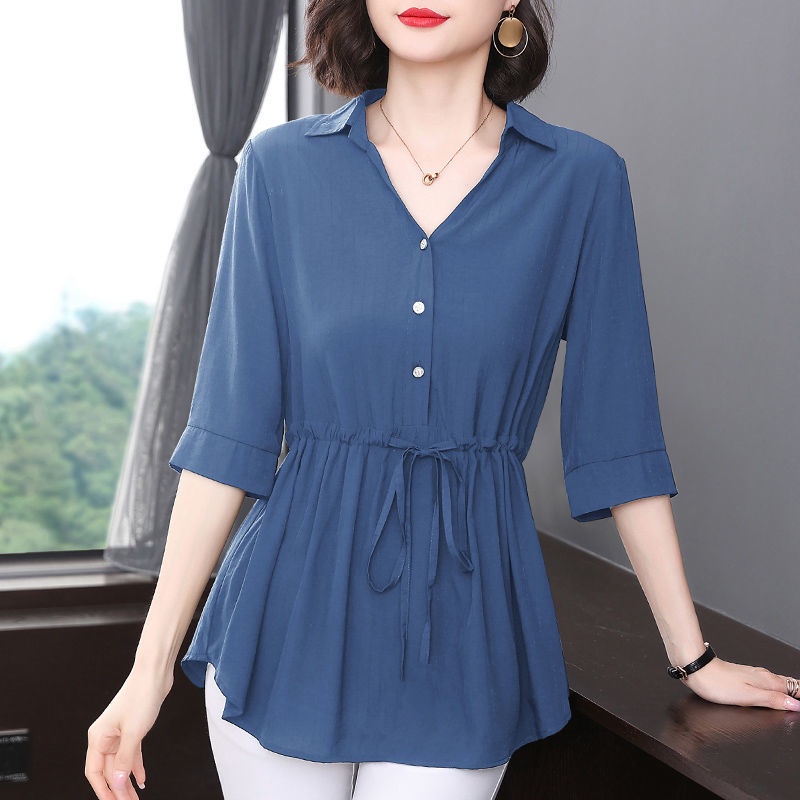 Áo Sơ Mi Tay Ngắn Cổ Chữ V Dáng Rộng Thiết Kế Mới Cao Cấp Thời Trang Cho Nữ