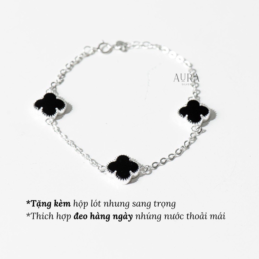 Lắc tay bạc nữ hoạ tiết mặt dây 4 lá viền đá-Aura Silver-LT07