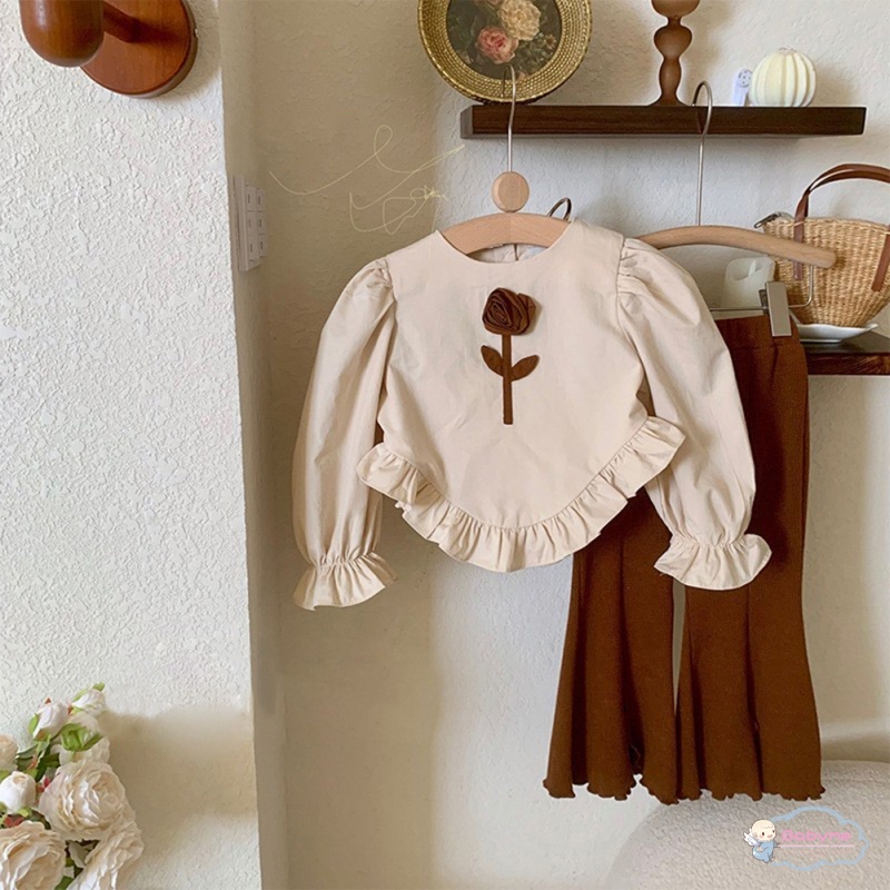 Bộ Đồ 2 Món Áo Hoa Tay Dài + Quần Ống Loe Xẻ Tà Thời Trang Cho Bé Gái