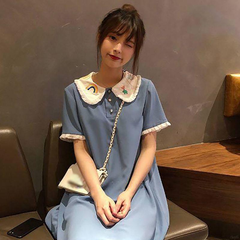 Đầm Ngắn Tay Cổ Búp Bê Thêu Họa Tiết Xinh Xắn Theo Phong Cách Hàn Quốc