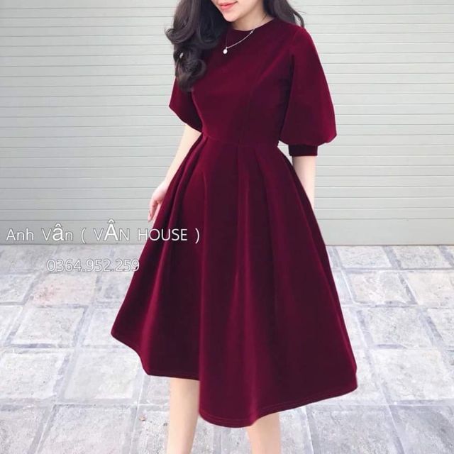 Váy nhung tay phồng cao cấp