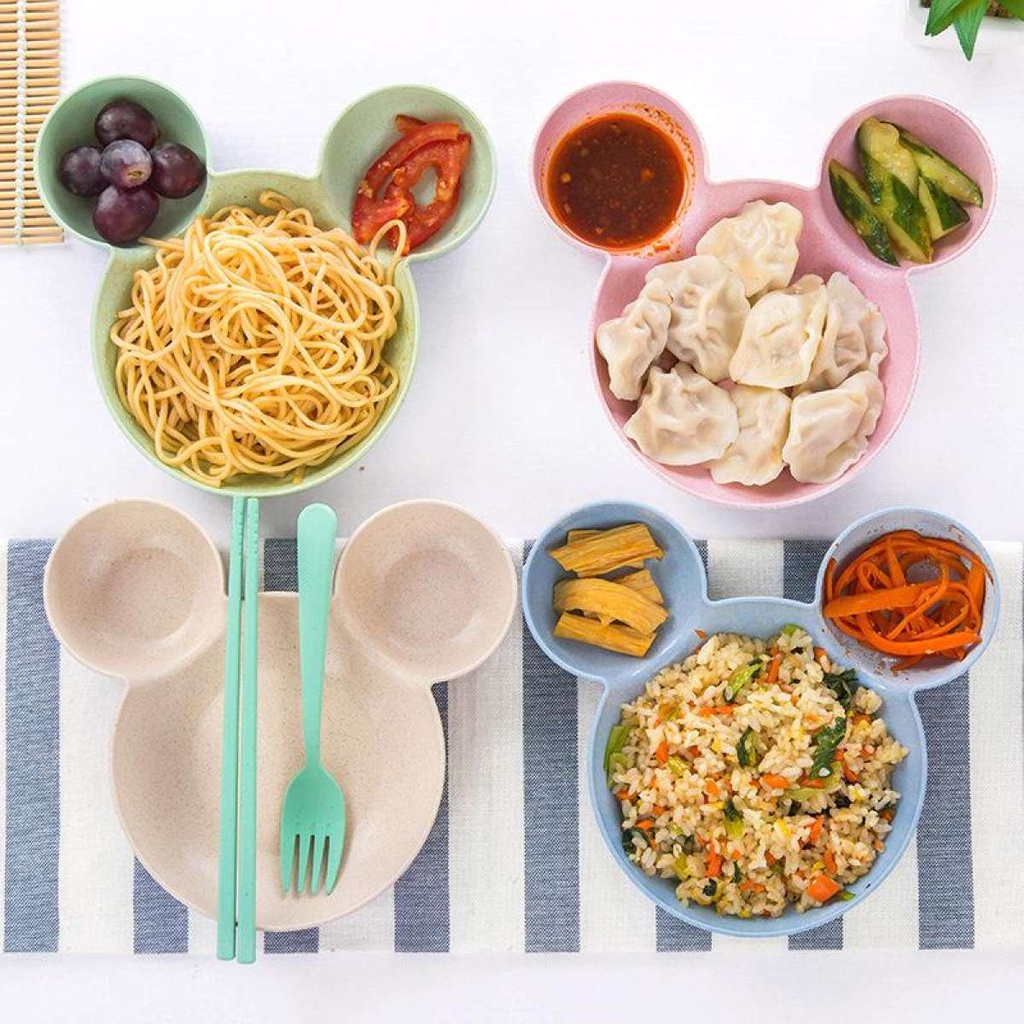 Bát ăn 3 ngăn đủ bộ: Bát Thìa Dĩa Đũa - hình Chuột dùng Ăn trưa / Dã ngoại / Bé ăn dặm chất liệu lúa mạch GM-MQW001