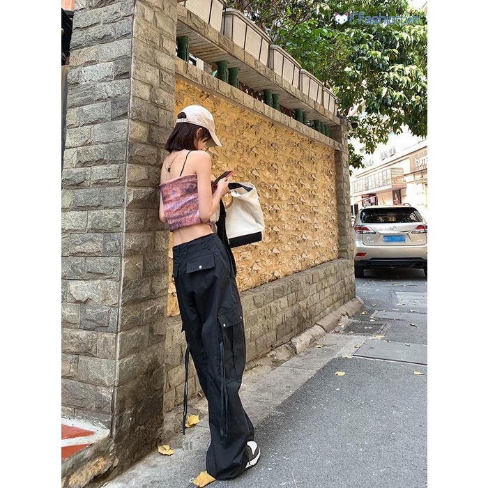 Quần Yếm Ống Rộng Lưng Cao Dây Rút Màu Đen Phong Cách Retro Mỹ Thời Trang Mùa Hè Cho Nữ