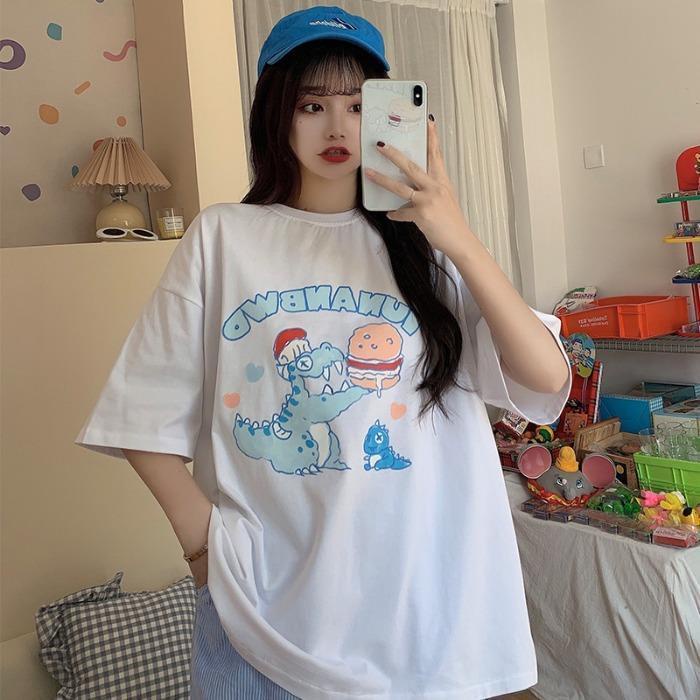 100% cotton 2021 new summer short sleeve women's T-shirt loose Korean versatile little dinosaur printed clothes