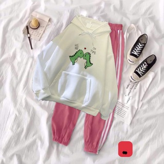 Sét bộ áo hodie đôi khủng long quần bo sọc hồng
