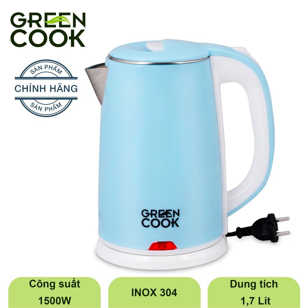 Bình đun inox 304 cao cấp Green Cook GCEK-17S15D 2 lớp chống bỏng 1,7L - Hàng chính hãng