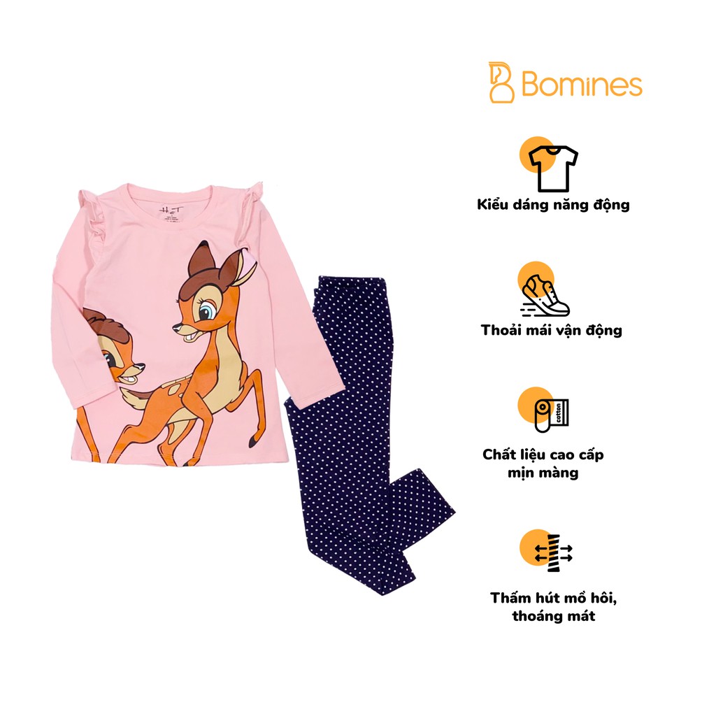 Đồ bộ tay dài bé gái hình nai Bambi chất cotton 4 chiều hãng Bomines