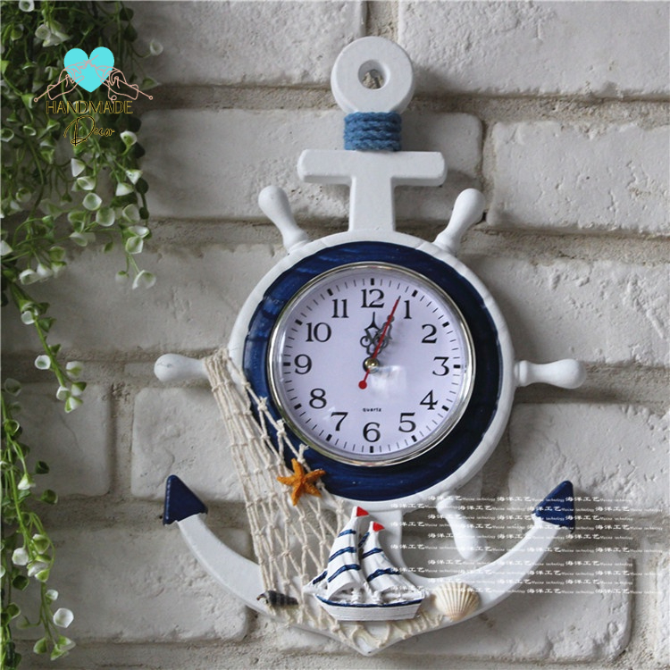 Đồng Hồ treo tường bằng gỗ phủ sơn hình Mỏ Neo size34 cm x 23 cm - Decor phong cách biển Địa Trung Hải