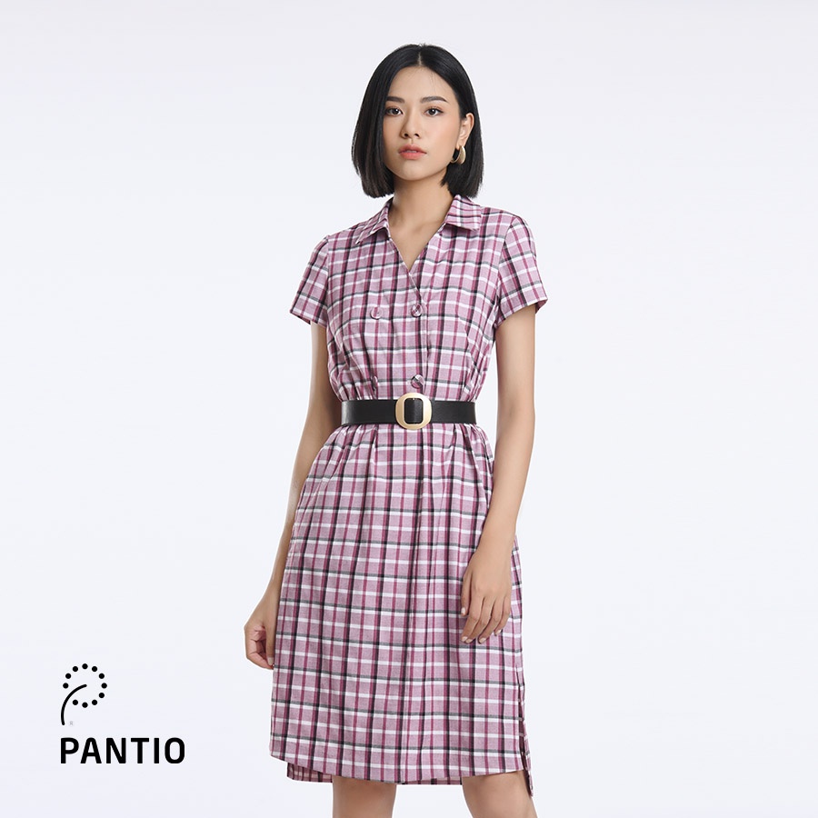 FDC52484 - Đầm công sở ngắn tay cổ sơ mi hoạ tiết caro - PANTIO