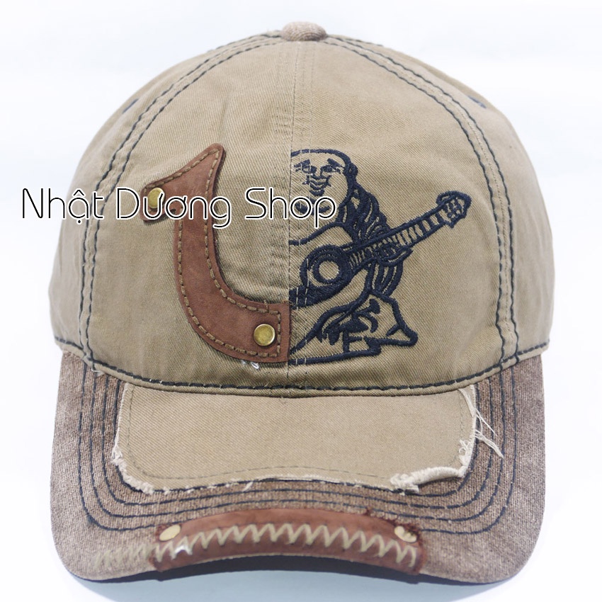 Nón lưới trai ông địa đàn kaki,Nón kết ông địa True Religion loại xịn thêu một nữa - Vải Kaki, vá da trước kết