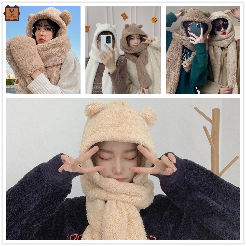 Cod In Stock New Winter Cute Bear Ear Hat Bib Parent-child Warmth Thick Hat Scarf