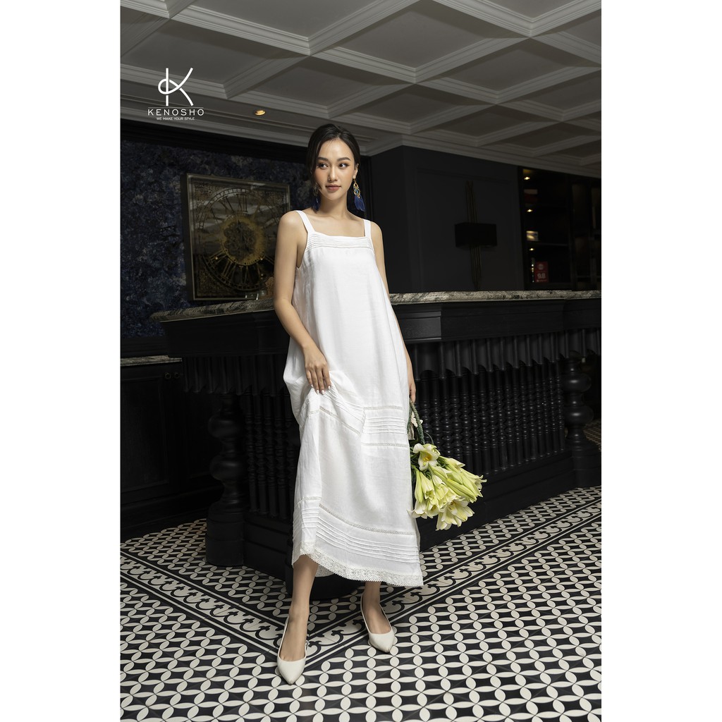 K137 Đầm maxi Premium Linen, xếp ly ngực và phần chân váy. Phối cùng ren cotton