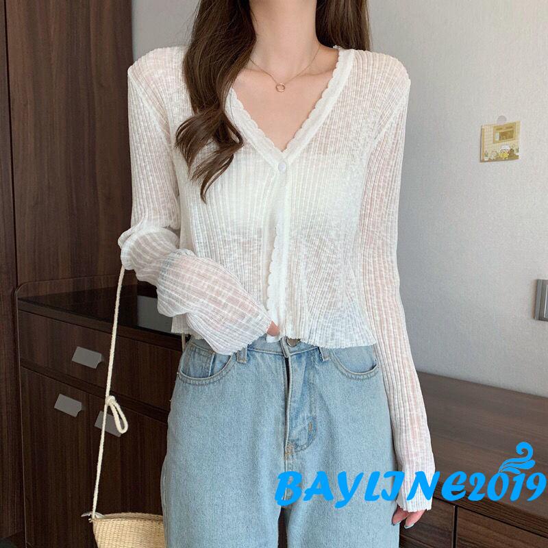 Áo croptop dệt kim tay dài dáng rộng màu sắc đơn giản cho nữ