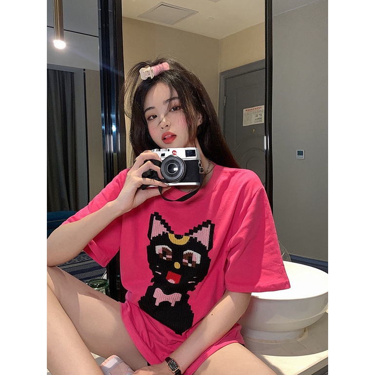 Áo thun Pure Cube tay ngắn cổ tròn thêu họa tiết hoạt hình mèo hồng phong cách Hàn Quốc thời trang cho nữ