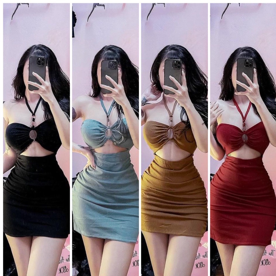 Đầm Body Cúp Ngực Khoen Nhiều Dây Cột Cổ, Sẵn Mút