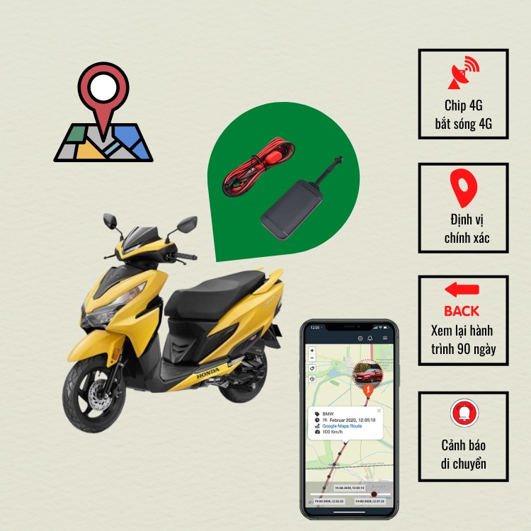 Thiết bị định vị xe máy chip 4G mã Vt02F cập nhật vị trí nhanh nhạy 24h báo hành trình xe đã đi 90 ngày tặng SIM 4G