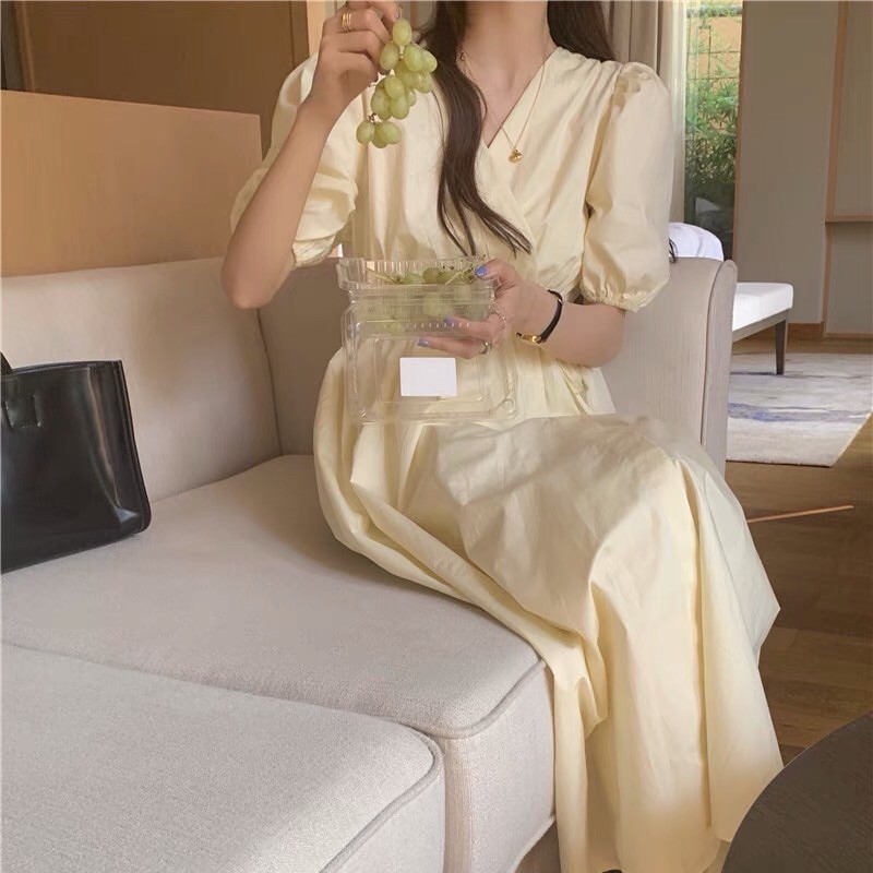 Đầm cổ V tay bồng buộc eo dáng dài