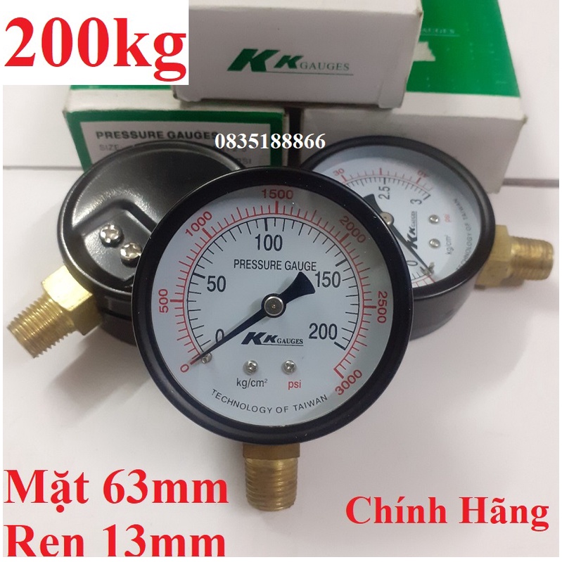 Đồng hồ áp suất nước hơi khí nén loại 200kg/cm2 mặt 63mm KKgauges