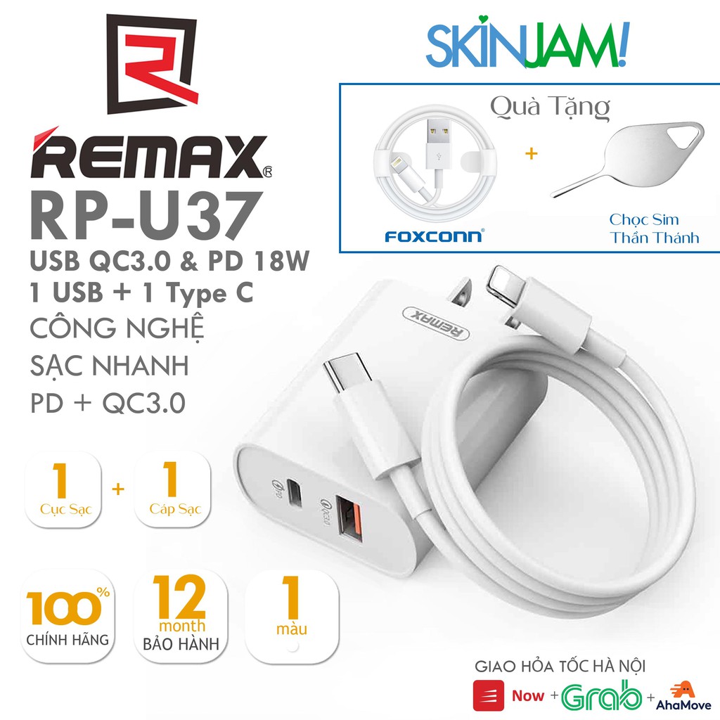 Bộ Sạc Nhanh Remax RP-U37 2 Cổng USB tích hợp QC 3.0 và PD 18W Sạc nhanh cho iP - Hàng nhập khẩu