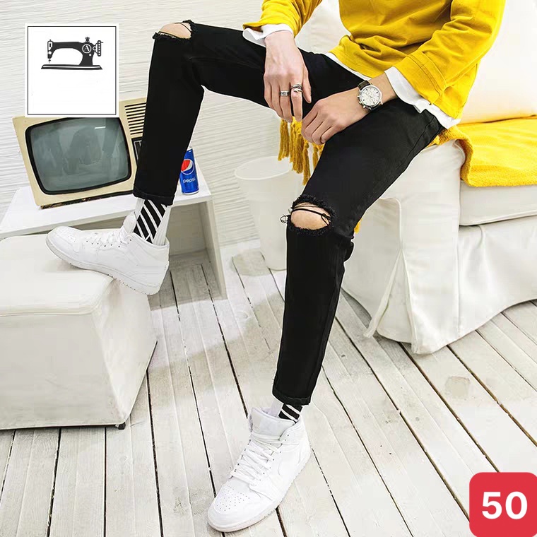 Quần jeans nam đen trơn rách gối chất jean bò cao cấp co dãn 4 chiều đẹp rin from dáng rin skinny ADO50