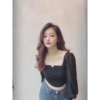 Áo croptop đen tay voan dài siêu xinh (kèm hình thật)