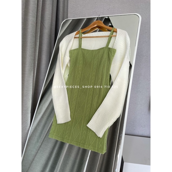 ✅Ảnh thật 100%- Set áo khoác len và dress xanh chuối dệt kim