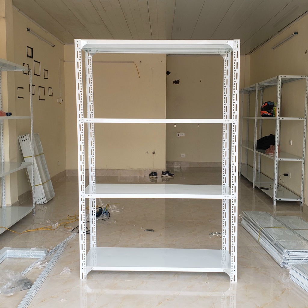 Kệ sắt v lỗ: Cao 1m8 x dài 1m x rộng 40cm x 4 tầng