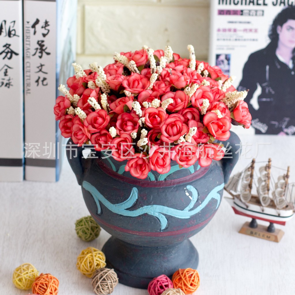Cành Hoa Hồng Tỉ Muội sắc màu rực rỡ - Hoa giả bằng lụa cao cấp trang trí để bàn