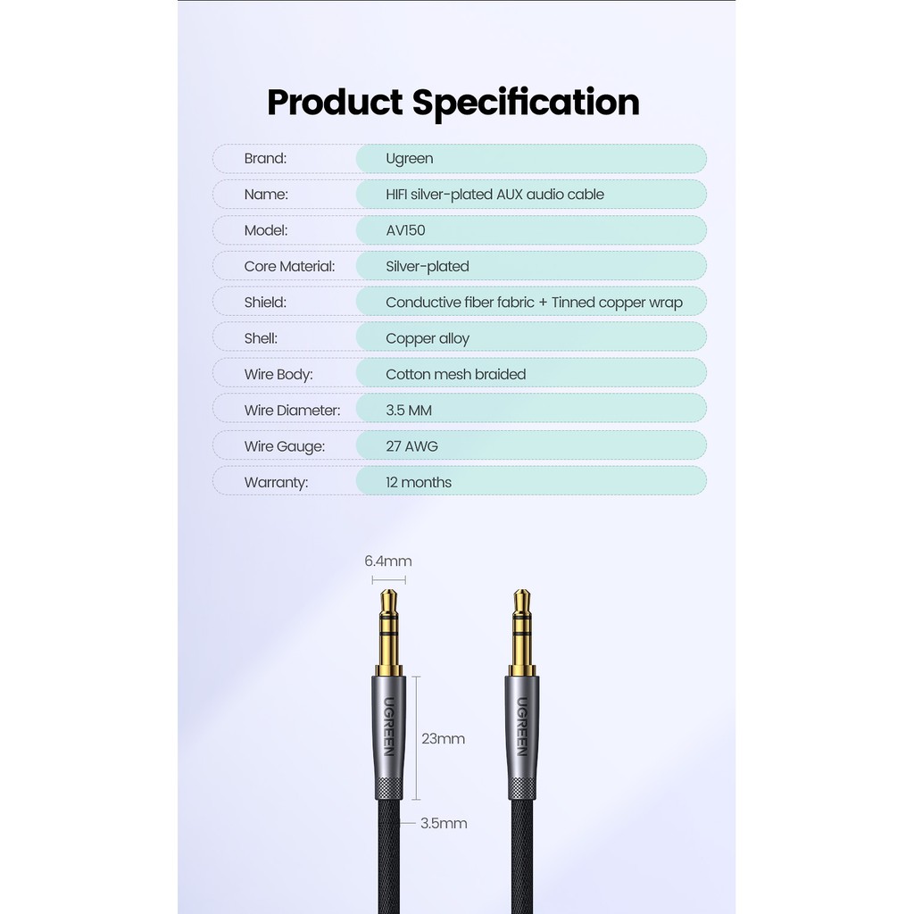 Cáp nối âm thanh UGREEN AUX âm thanh nổi 3.5mm cho đàn guitar/ xe hơi
