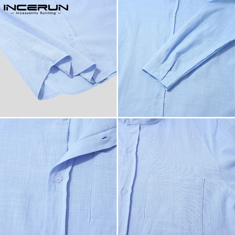 Áo sơ mi INCERUN cotton dài tay cổ đứng phối nút đơn giản thời trang dành cho nam