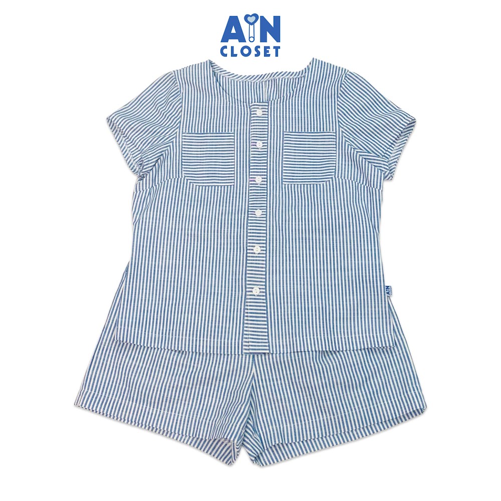 Bộ quần áo ngắn cho mẹ Kẻ sọc xanh linen cotton - AICDMERIPDHT - AIN Closet