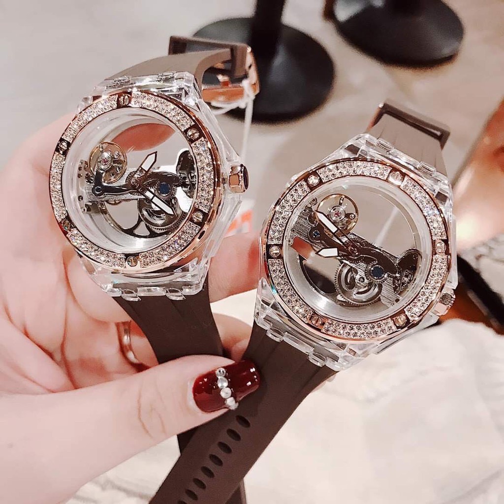 Đồng Hồ Davena Nam Automatic D31592 Mặt Lộ Máy Trong Suốt Dây Silicon Nâu 42mm Rose Gold Chính Hãng