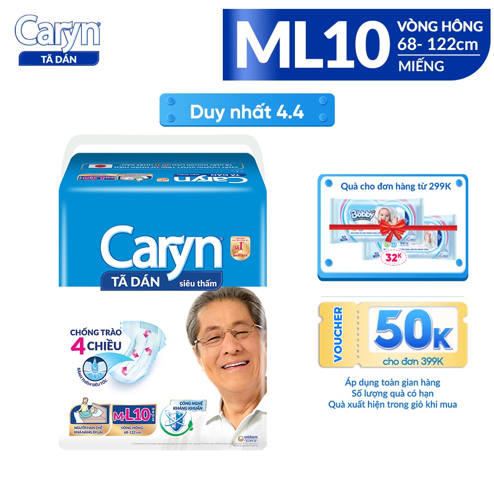 Tã Bỉm Dán Người Lớn Caryn Size ML(L) - 3 Miếng/10 Miếng Dành Cho Người Già Hạn Chế Khả Năng Đi Lại