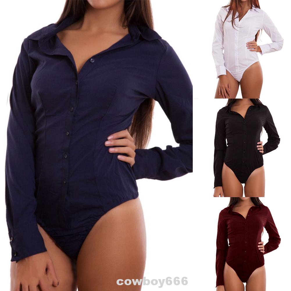 Bodysuit cổ chữ V màu trơn tay dài