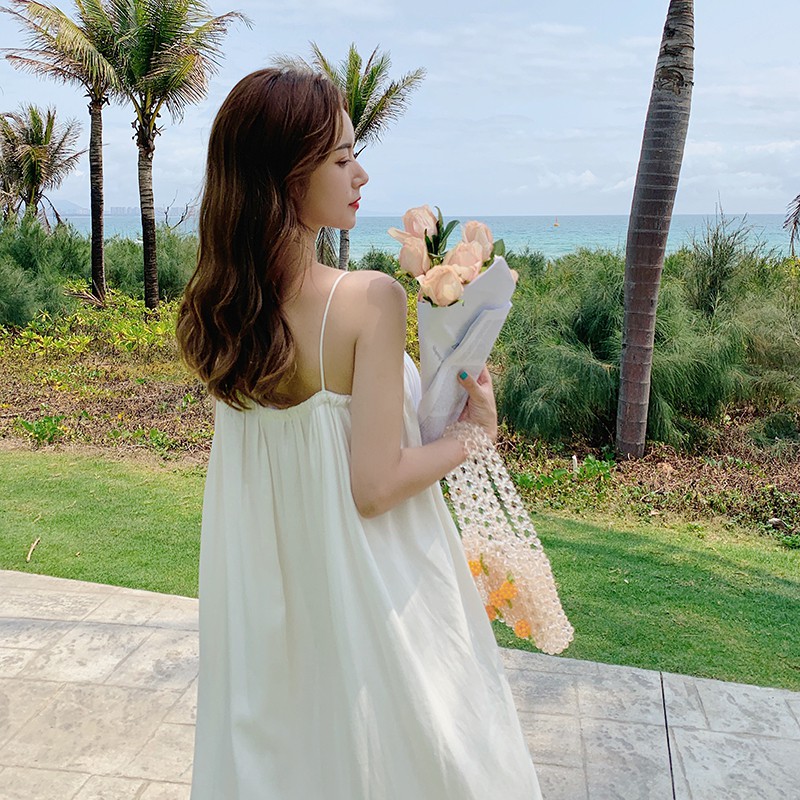 Sẵn Đầm dài  babydoll  đi biển trắng thuần khiết