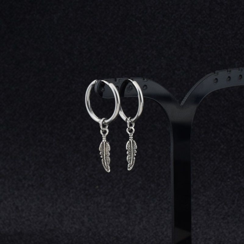 king Hip Hop Kpop Boy Leaf Titanium Feather Pendant Hoop Drop Earrings Korean Jewelry