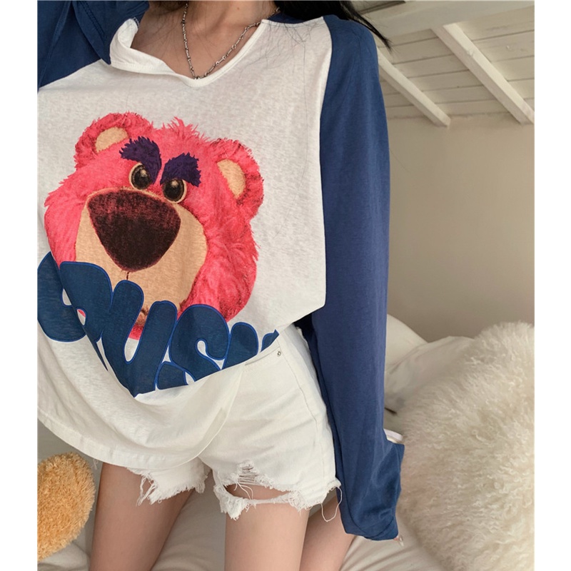 Áo Thun Hoodie Tay Dài Dáng Rộng In Hoạt Hình Dễ Thương